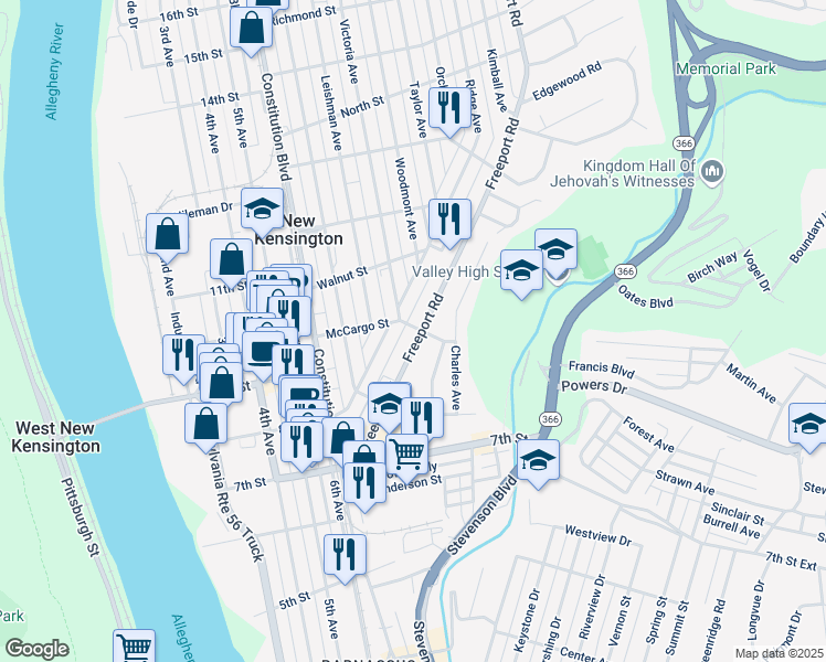 map of restaurants, bars, coffee shops, grocery stores, and more near 495 McCargo Street in New Kensington