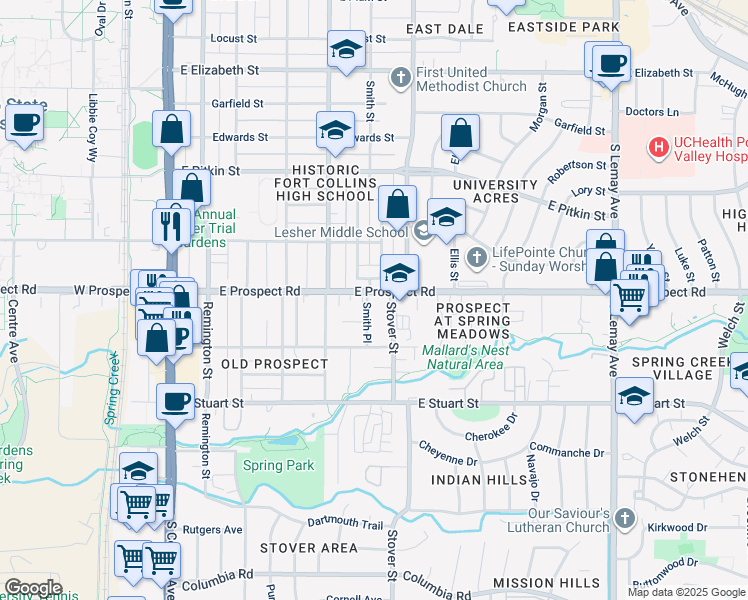 map of restaurants, bars, coffee shops, grocery stores, and more near 260 Circle Drive in Fort Collins