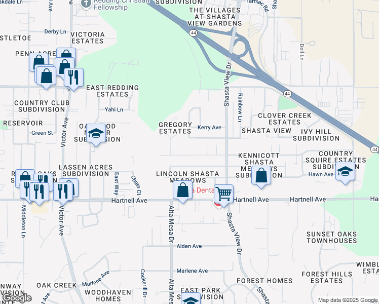 map of restaurants, bars, coffee shops, grocery stores, and more near 2272 Wilson Avenue in Redding