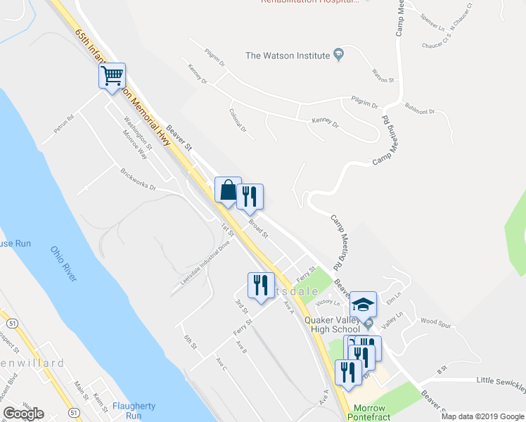 map of restaurants, bars, coffee shops, grocery stores, and more near 354 Beaver Street in Leetsdale