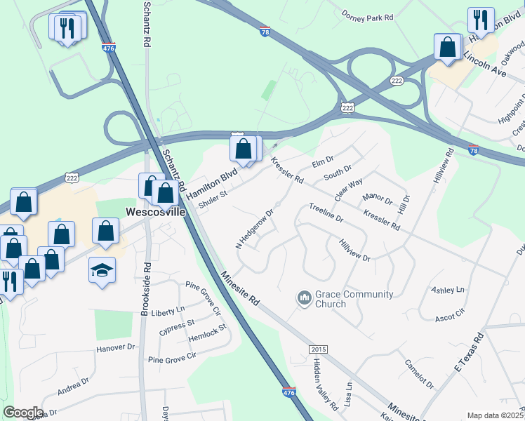 map of restaurants, bars, coffee shops, grocery stores, and more near 4509 North Hedgerow Drive in Allentown