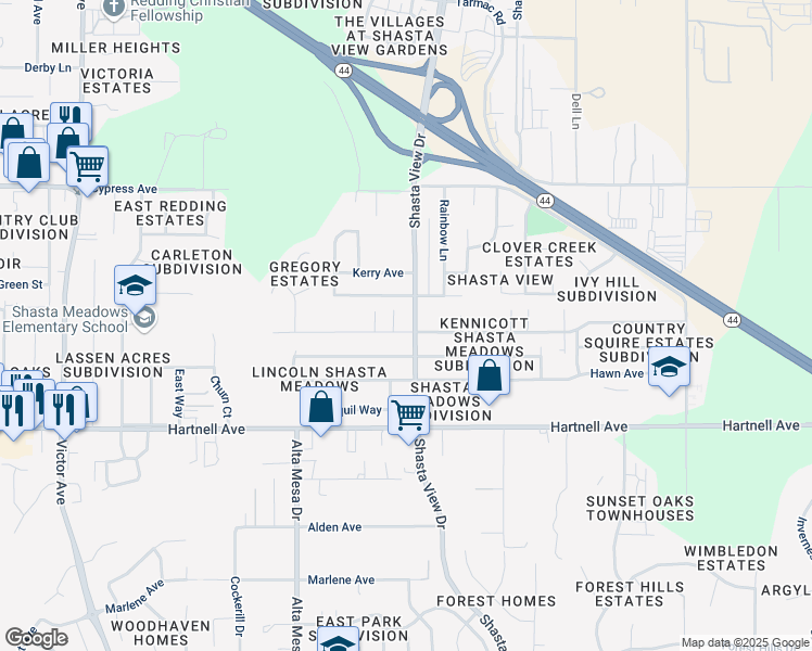 map of restaurants, bars, coffee shops, grocery stores, and more near 2410 Wilson Avenue in Redding