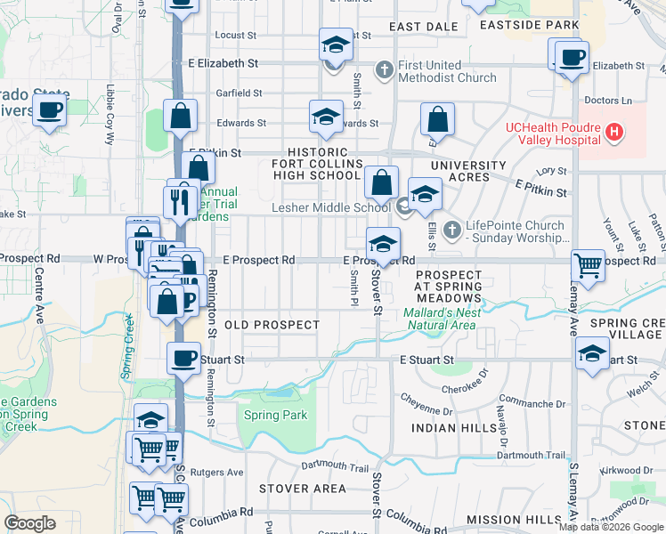 map of restaurants, bars, coffee shops, grocery stores, and more near 210 Circle Drive in Fort Collins