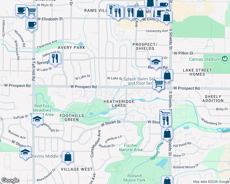 map of restaurants, bars, coffee shops, grocery stores, and more near 1504 West Prospect Road in Fort Collins