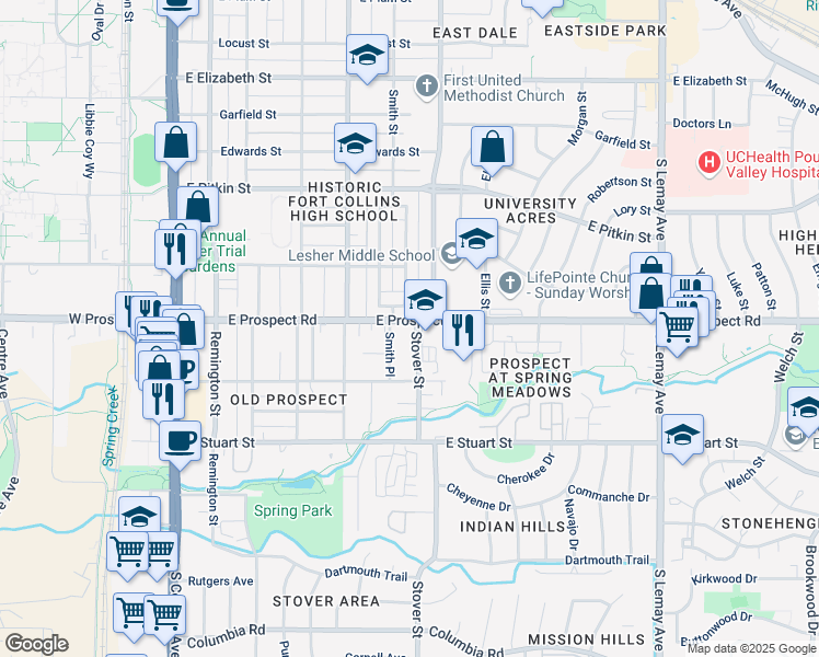 map of restaurants, bars, coffee shops, grocery stores, and more near 260 Circle Drive in Fort Collins