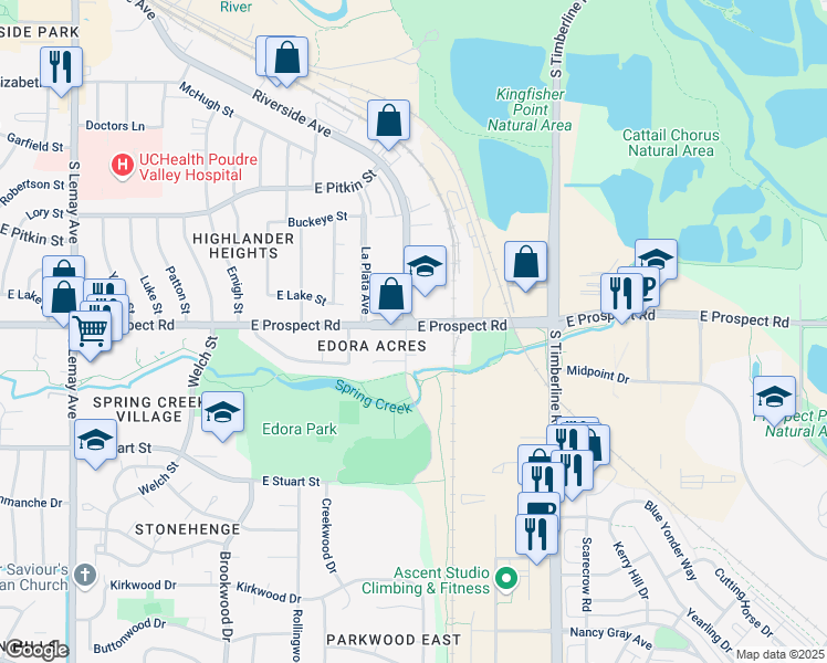 map of restaurants, bars, coffee shops, grocery stores, and more near 8 Riverside Avenue in Fort Collins