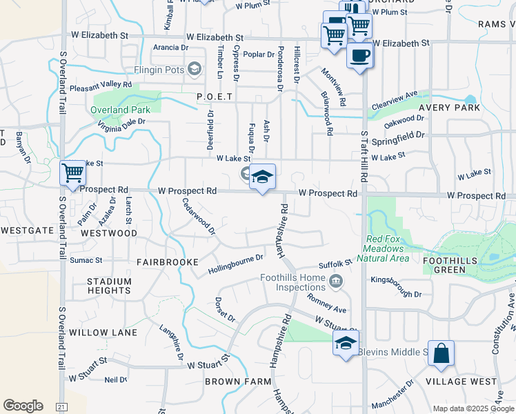 map of restaurants, bars, coffee shops, grocery stores, and more near 2345 West Prospect Road in Fort Collins
