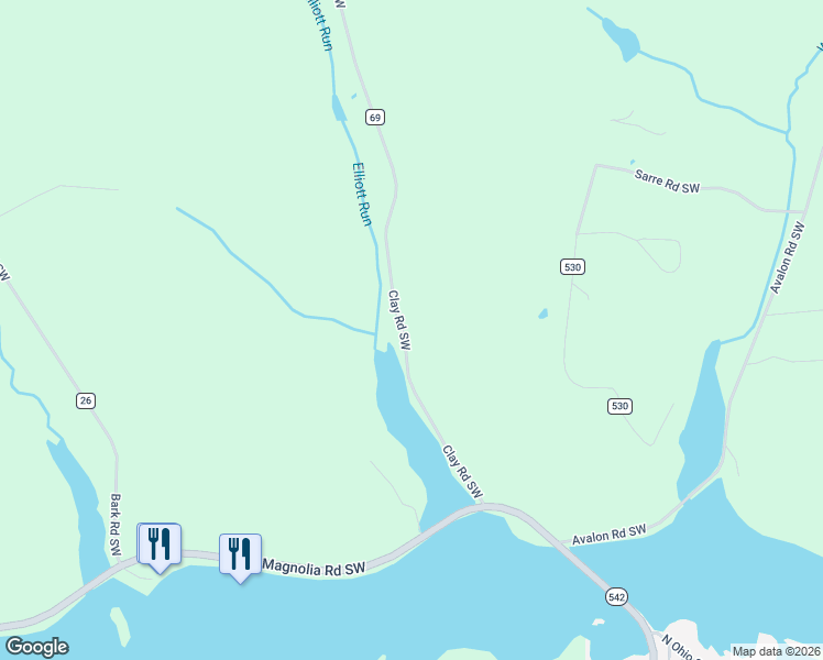map of restaurants, bars, coffee shops, grocery stores, and more near 208 Clay Road Southwest in Dellroy
