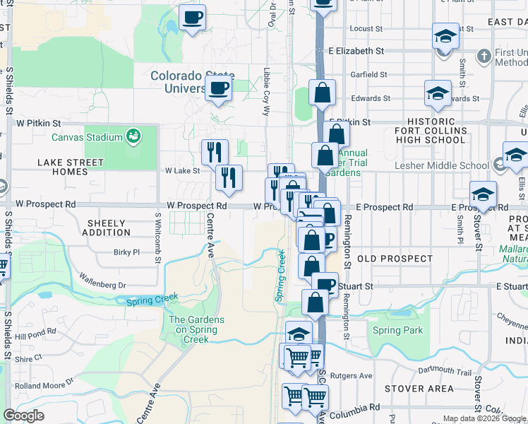 map of restaurants, bars, coffee shops, grocery stores, and more near 303 West Prospect Road in Fort Collins