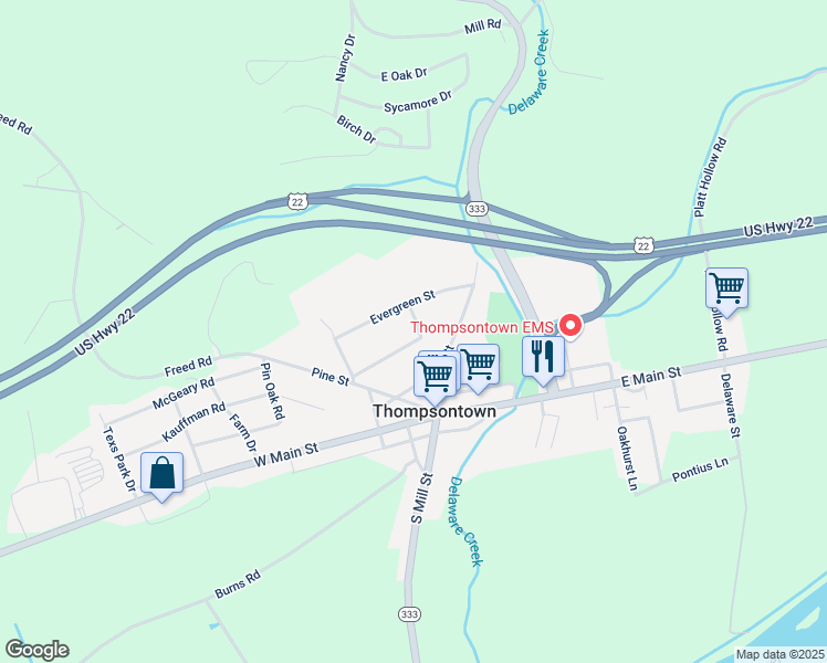 map of restaurants, bars, coffee shops, grocery stores, and more near 151 Tuscarora Street in Thompsontown