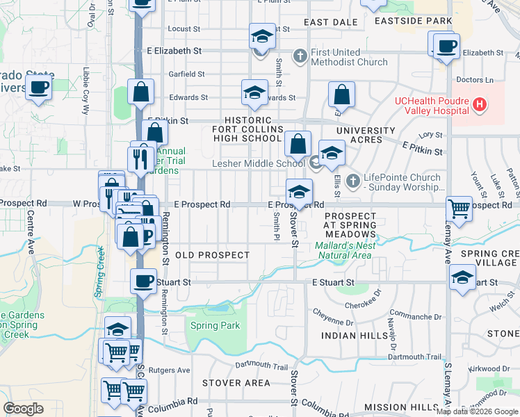 map of restaurants, bars, coffee shops, grocery stores, and more near 210 Circle Drive in Fort Collins