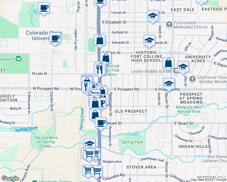 map of restaurants, bars, coffee shops, grocery stores, and more near 1530 Remington Street in Fort Collins