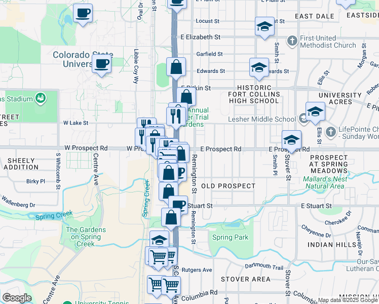 map of restaurants, bars, coffee shops, grocery stores, and more near 1530 South College Avenue in Fort Collins