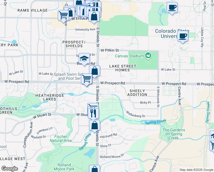 map of restaurants, bars, coffee shops, grocery stores, and more near 1000 West Prospect Road in Fort Collins