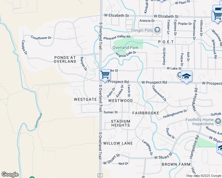 map of restaurants, bars, coffee shops, grocery stores, and more near 1603 Palm Drive in Fort Collins