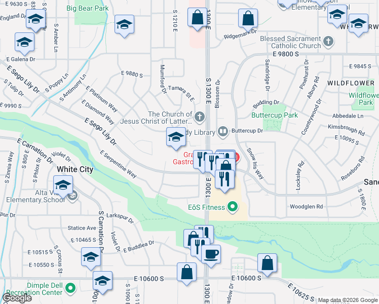 map of restaurants, bars, coffee shops, grocery stores, and more near 10080 Turquoise Circle in Sandy
