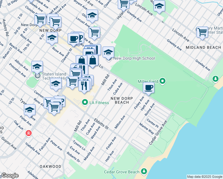 map of restaurants, bars, coffee shops, grocery stores, and more near 34 Titus Avenue in Staten Island