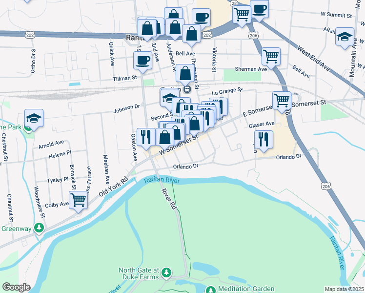 map of restaurants, bars, coffee shops, grocery stores, and more near in Raritan