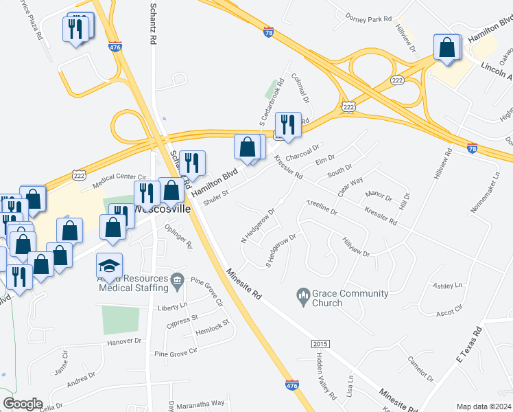 map of restaurants, bars, coffee shops, grocery stores, and more near 895 Cold Spring Road in Allentown