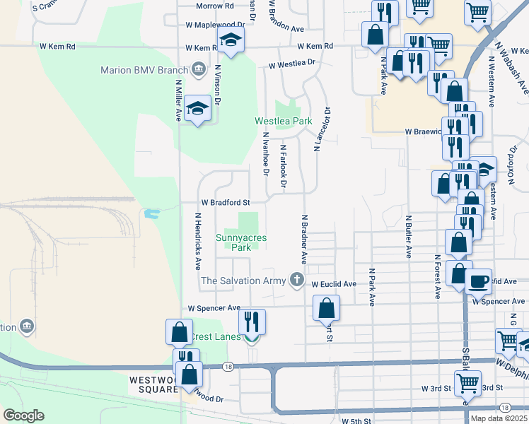 map of restaurants, bars, coffee shops, grocery stores, and more near 1815 West Wenlock Drive in Marion