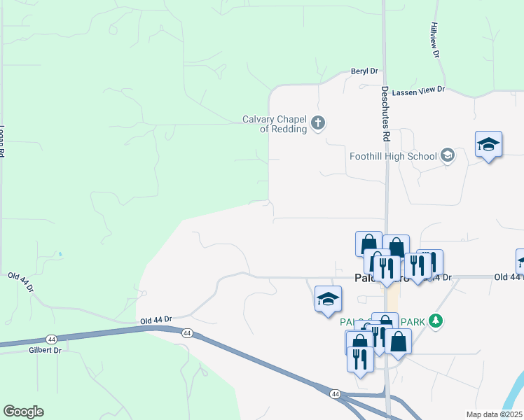 map of restaurants, bars, coffee shops, grocery stores, and more near 21700 Beryl Dr in Palo Cedro