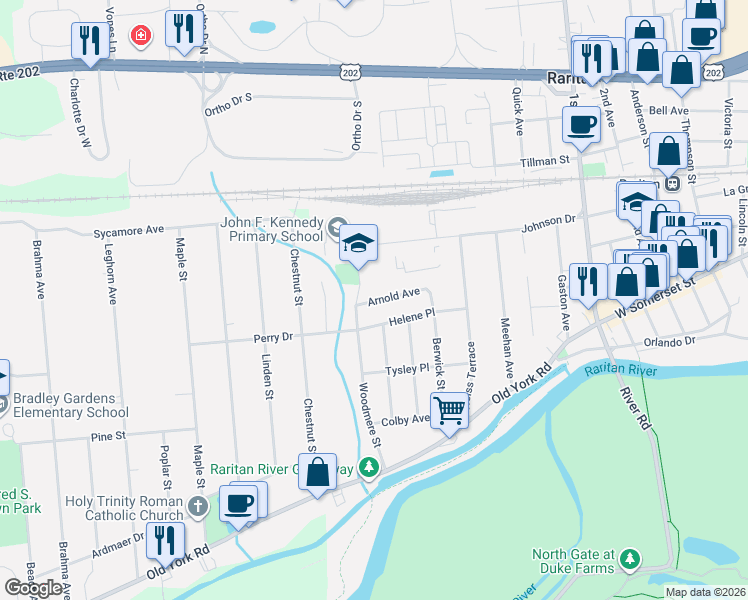 map of restaurants, bars, coffee shops, grocery stores, and more near 255 Woodmere Street in Raritan