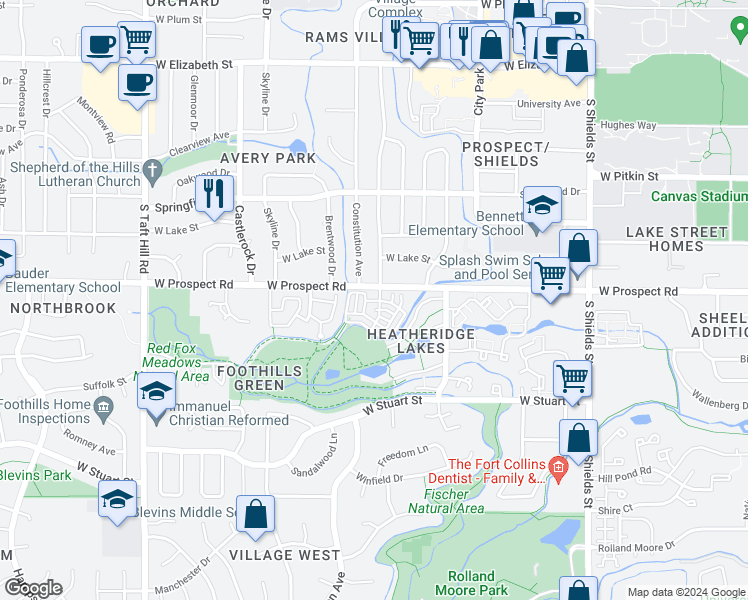 map of restaurants, bars, coffee shops, grocery stores, and more near 1538 Haymarket Street in Fort Collins