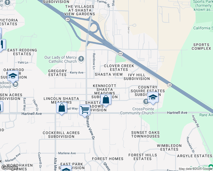 map of restaurants, bars, coffee shops, grocery stores, and more near 2604 Wilson Avenue in Redding