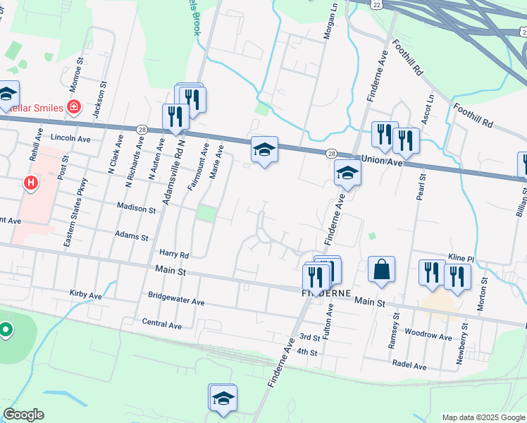map of restaurants, bars, coffee shops, grocery stores, and more near 1604 Sunny Slope Road in Bridgewater