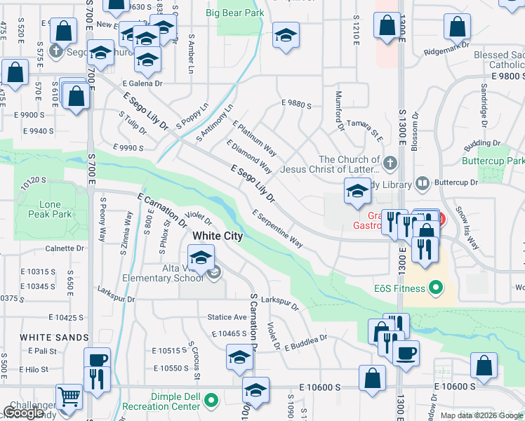map of restaurants, bars, coffee shops, grocery stores, and more near 1057 East Sego Lily Drive in Sandy