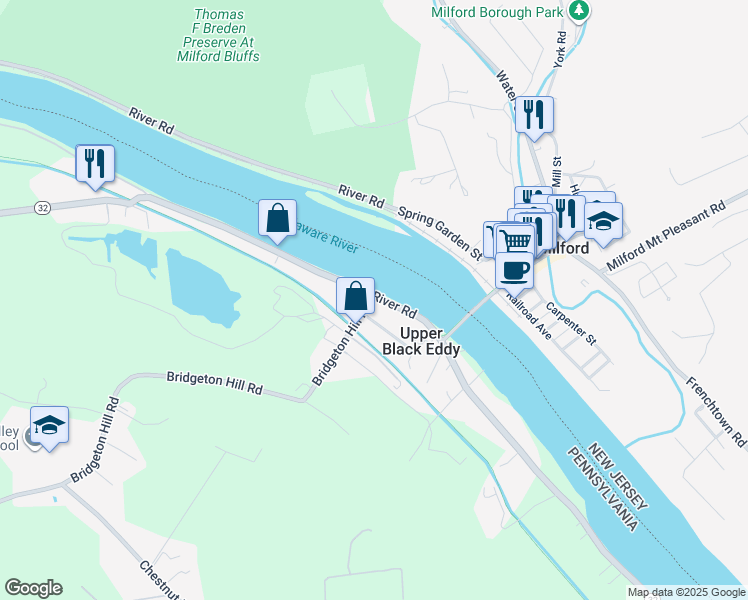 map of restaurants, bars, coffee shops, grocery stores, and more near 1636 River Road in Upper Black Eddy