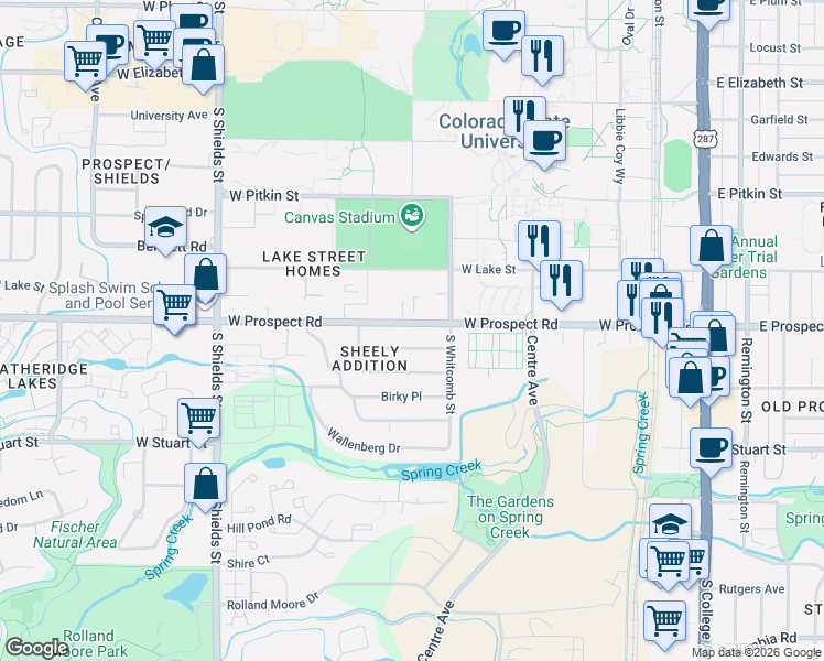 map of restaurants, bars, coffee shops, grocery stores, and more near 634 West Prospect Road in Fort Collins