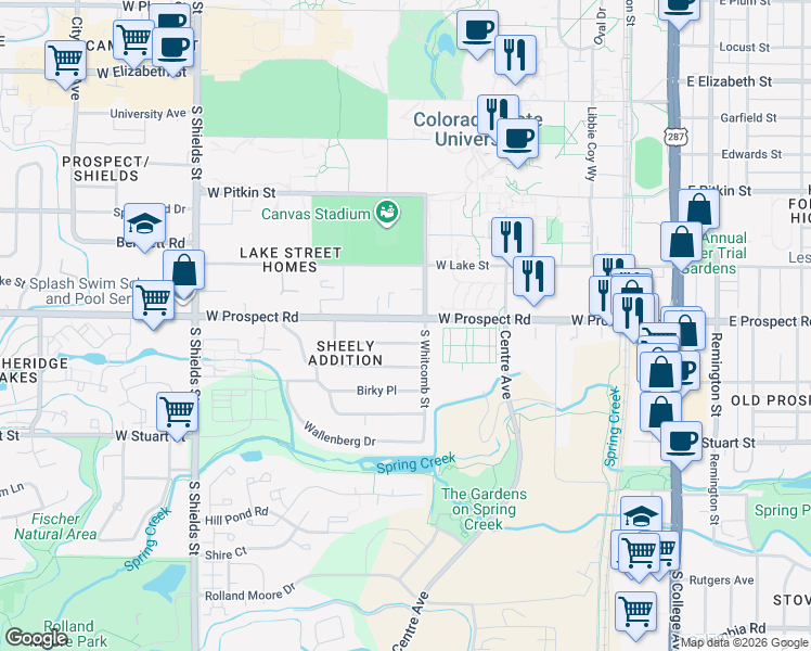 map of restaurants, bars, coffee shops, grocery stores, and more near 600 West Prospect Road in Fort Collins