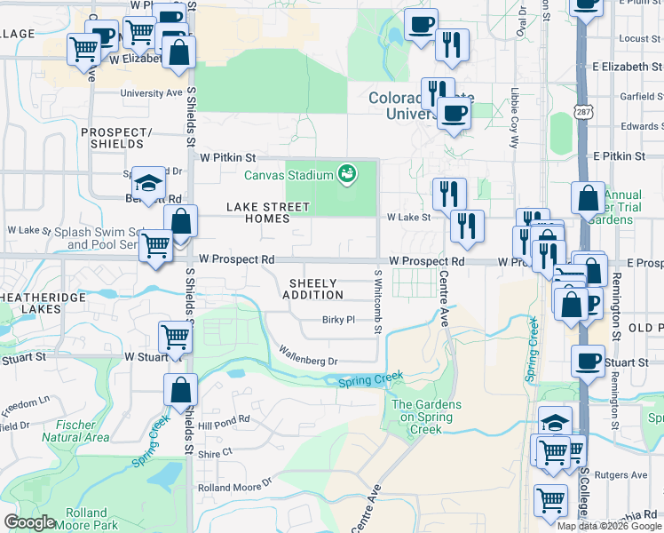 map of restaurants, bars, coffee shops, grocery stores, and more near 634 West Prospect Road in Fort Collins