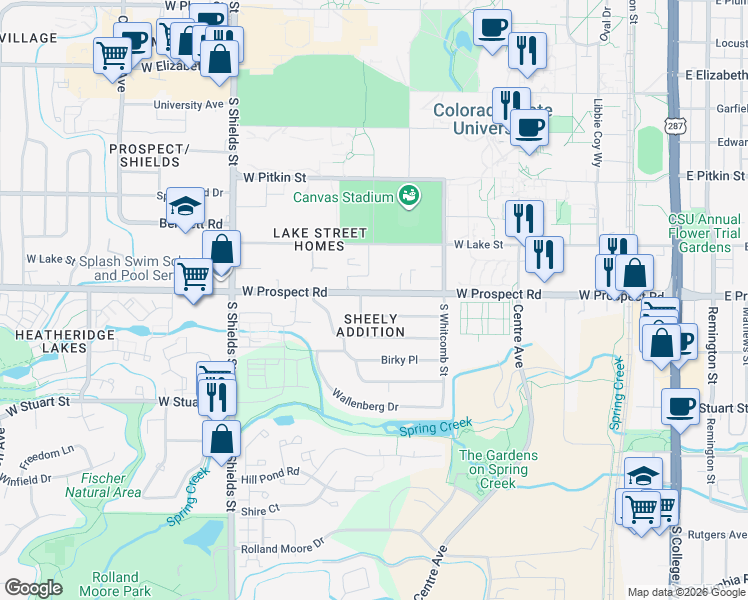 map of restaurants, bars, coffee shops, grocery stores, and more near 730 West Prospect Road in Fort Collins