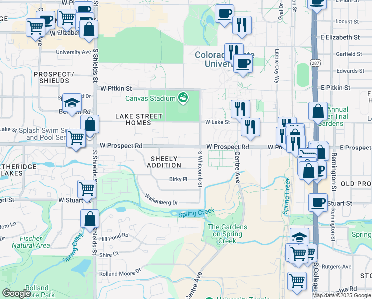map of restaurants, bars, coffee shops, grocery stores, and more near 634 West Prospect Road in Fort Collins