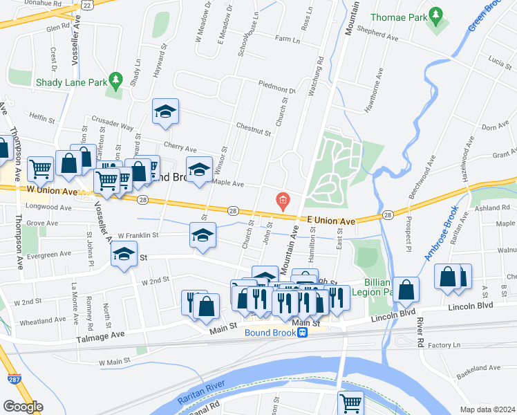 map of restaurants, bars, coffee shops, grocery stores, and more near 5 East Union Avenue in Bound Brook