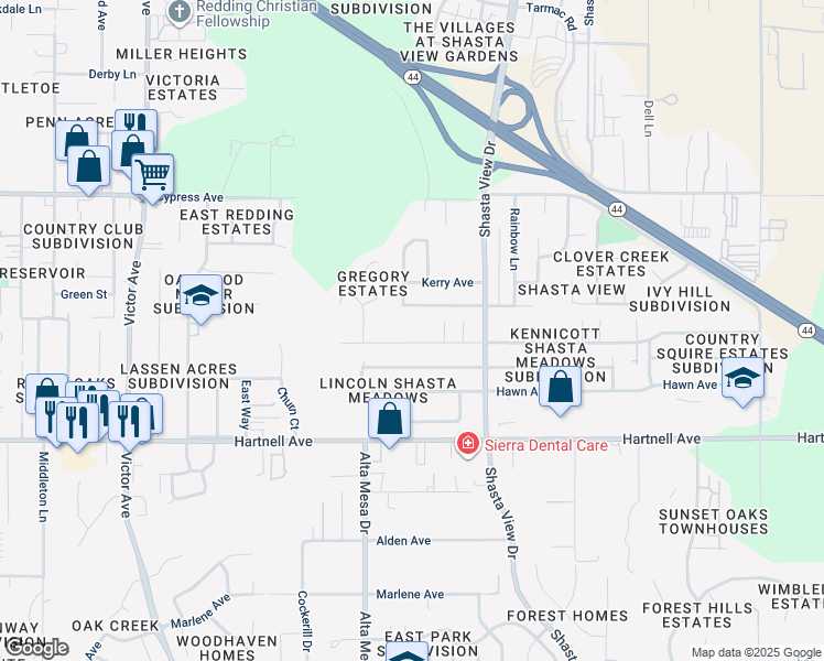 map of restaurants, bars, coffee shops, grocery stores, and more near 2296 Wilson Avenue in Redding