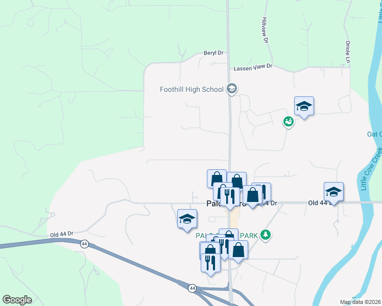 map of restaurants, bars, coffee shops, grocery stores, and more near 21892-21998 Stone Meadows Road in Palo Cedro