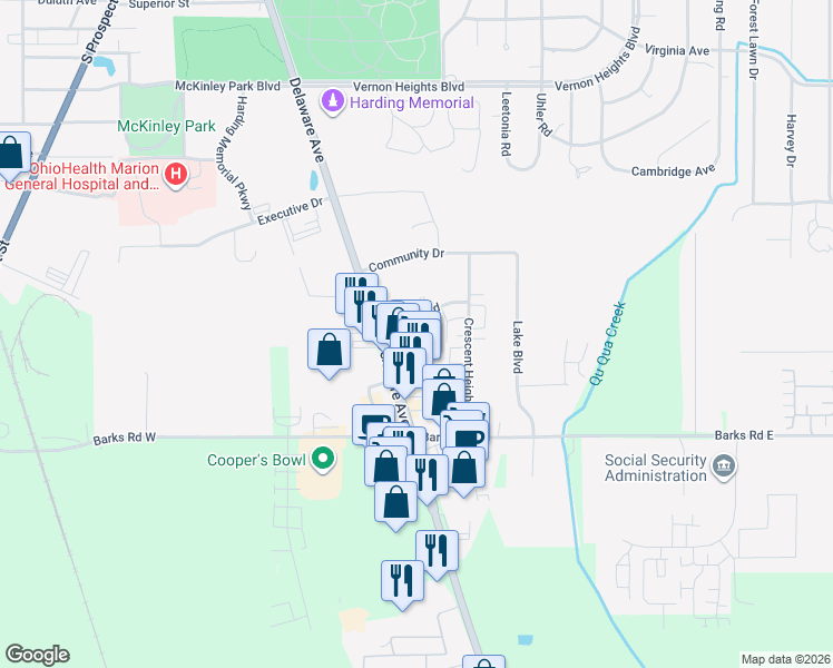 map of restaurants, bars, coffee shops, grocery stores, and more near 111 Fairfax Road in Marion
