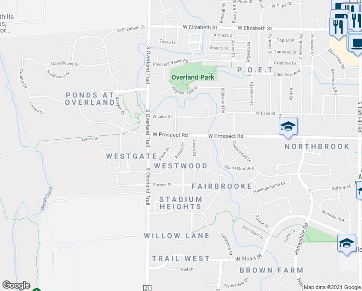 map of restaurants, bars, coffee shops, grocery stores, and more near 1611 Azalea Drive in Fort Collins