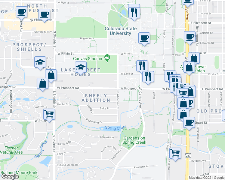 map of restaurants, bars, coffee shops, grocery stores, and more near 600 West Prospect Road in Fort Collins