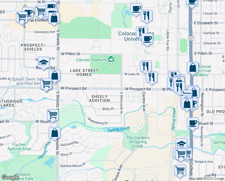 map of restaurants, bars, coffee shops, grocery stores, and more near 634 West Prospect Road in Fort Collins