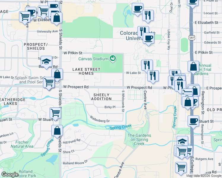 map of restaurants, bars, coffee shops, grocery stores, and more near 634 West Prospect Road in Fort Collins