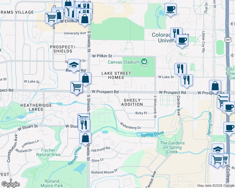 map of restaurants, bars, coffee shops, grocery stores, and more near 820 West Prospect Road in Fort Collins