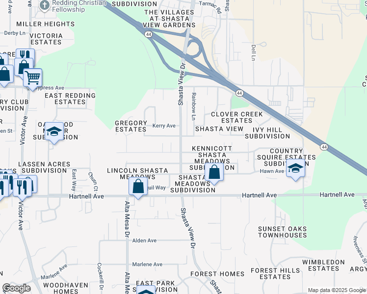 map of restaurants, bars, coffee shops, grocery stores, and more near 2447 Christian Lane in Redding