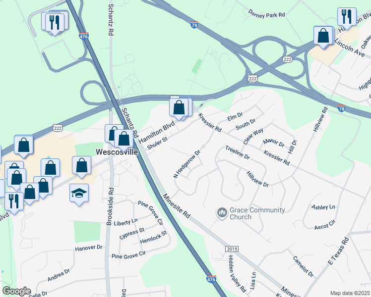 map of restaurants, bars, coffee shops, grocery stores, and more near 895 Cold Spring Road in Allentown