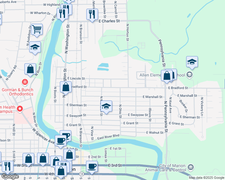 map of restaurants, bars, coffee shops, grocery stores, and more near 533 East Bradford Street in Marion