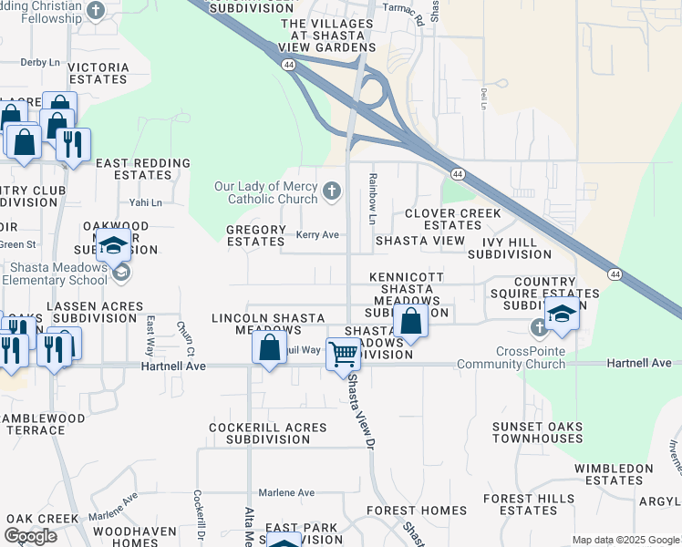 map of restaurants, bars, coffee shops, grocery stores, and more near 2359 Christian Lane in Redding