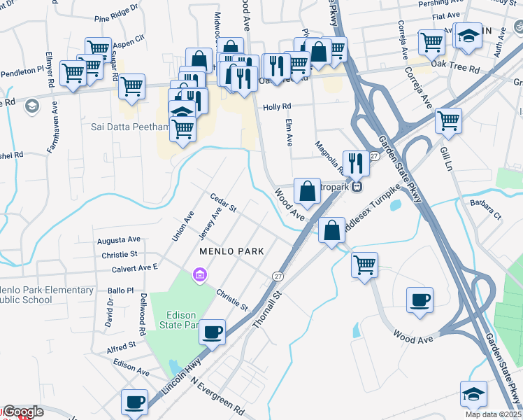 map of restaurants, bars, coffee shops, grocery stores, and more near 15 Middlesex Avenue in Edison
